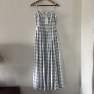 Caroline Constas Blue Check Cotton Pleated Maxi Dress M Coastal Wedding Guest